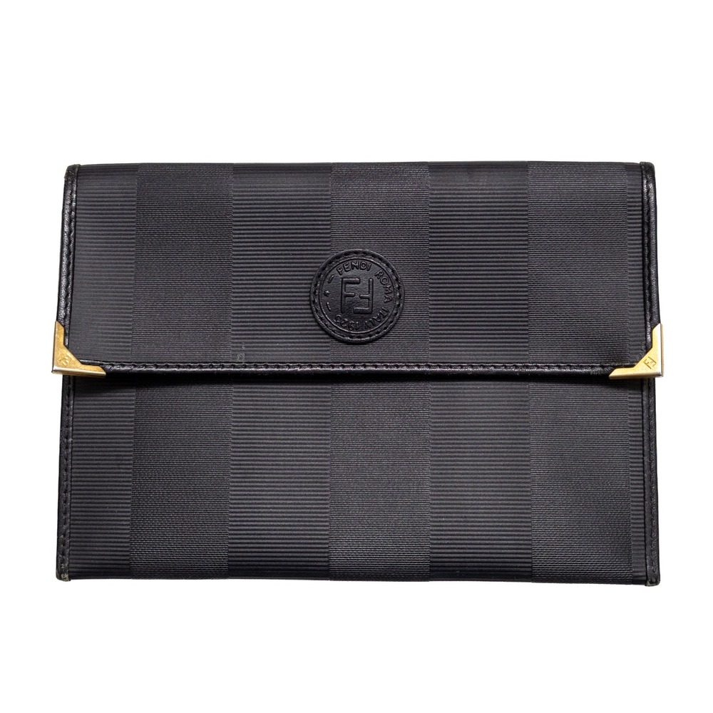 Vintage Fendi SAS Roma Pequin Striped Canvas Clutch Bag Black Leather G-02859